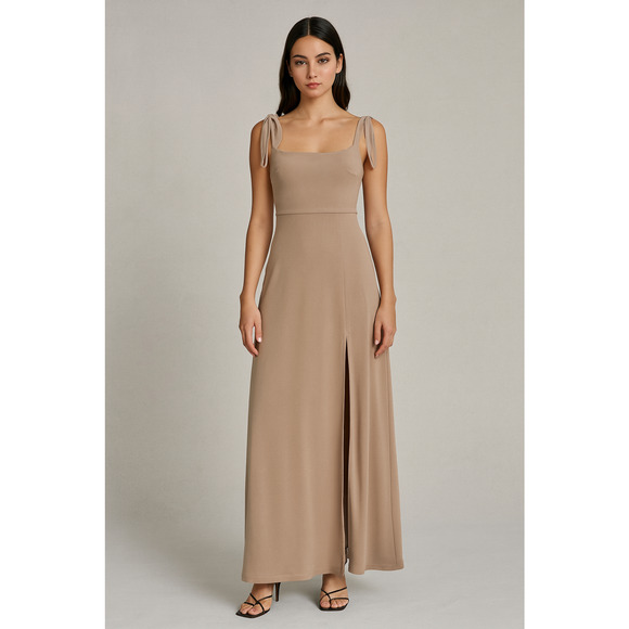 Birdy Grey Alex Crepe Maxi Dress Womens XS Taupe Formal Gown Bridesmaid Bow Tie - Picture 1 of 15